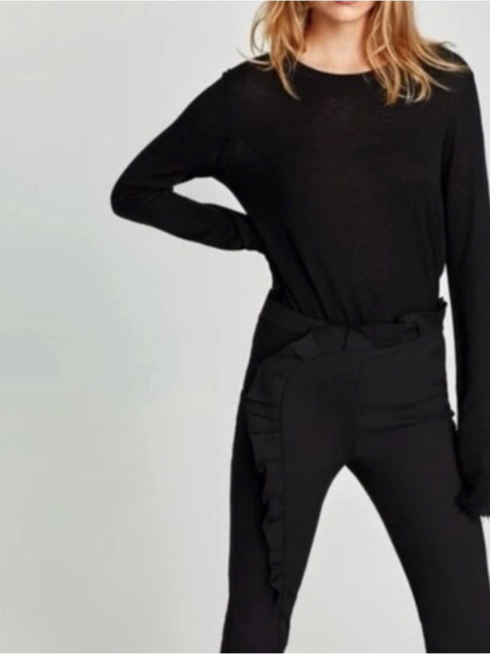 Zara Black Skinny Pants with Side Ruffle Detail